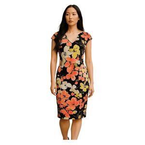 London Times Talia Midi Dress Black Pink Green Floral Print Sleeveless V-Neck 10